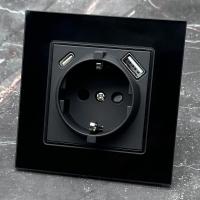 Glass MMB-015 Розетка   с заземлением USB+TYPE-C（Черный）